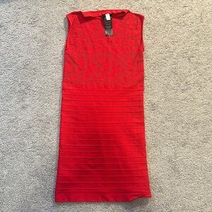 bebe red midi body-con dress.